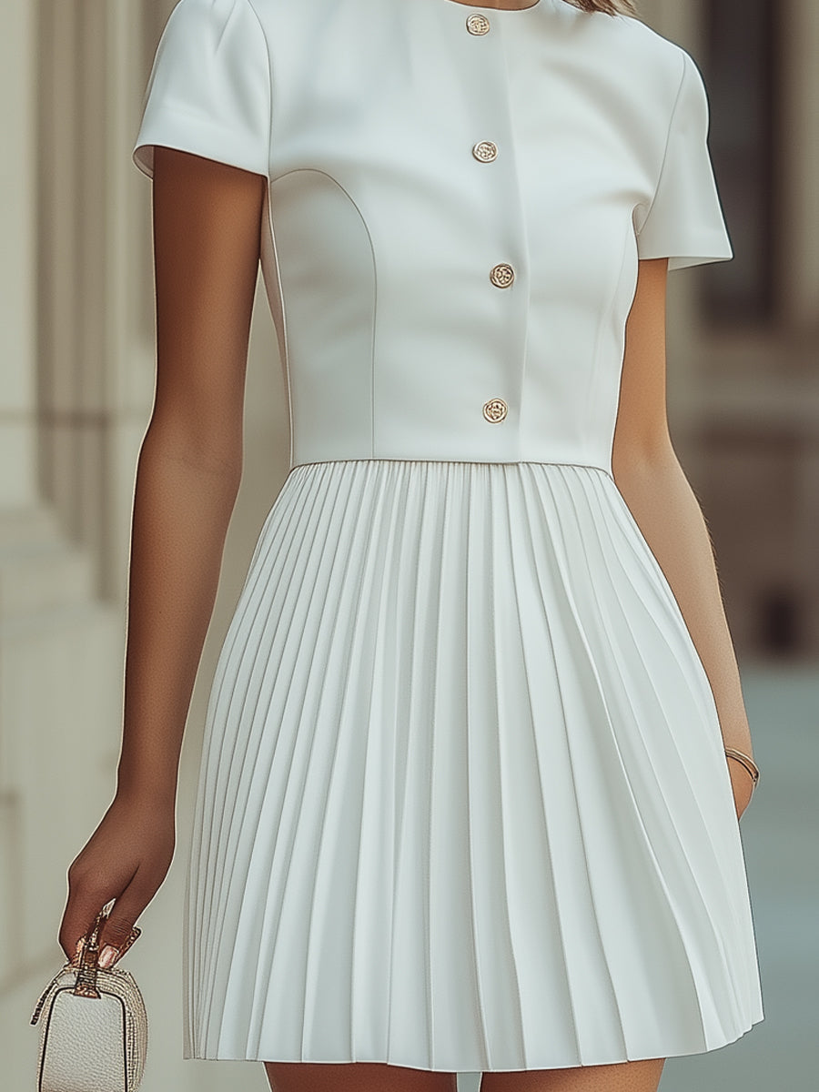 Elegant White Pleated Short Sleeve Button Dress