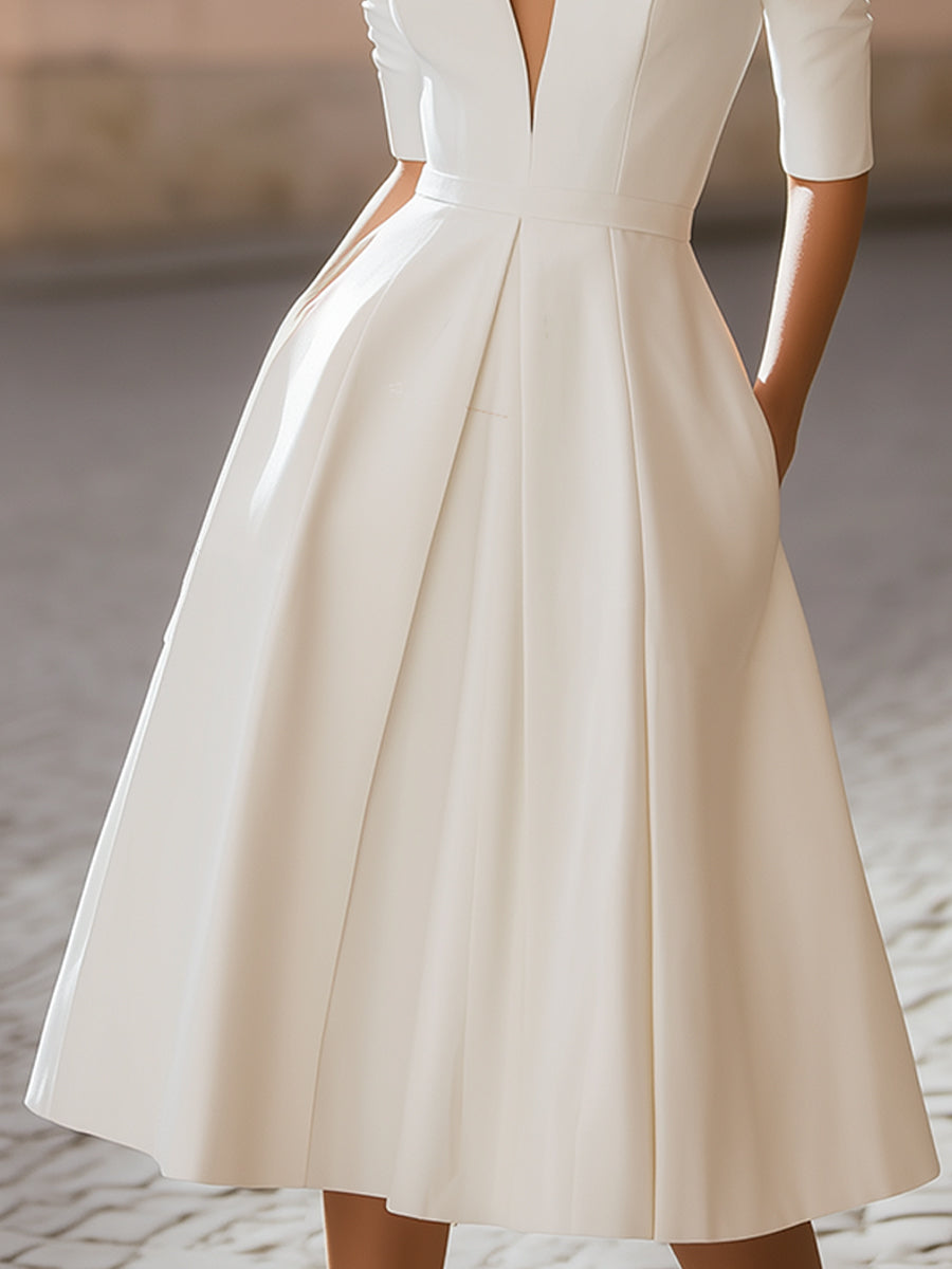 Elegant Deep V-Neck Pleated A-Line Midi Dress