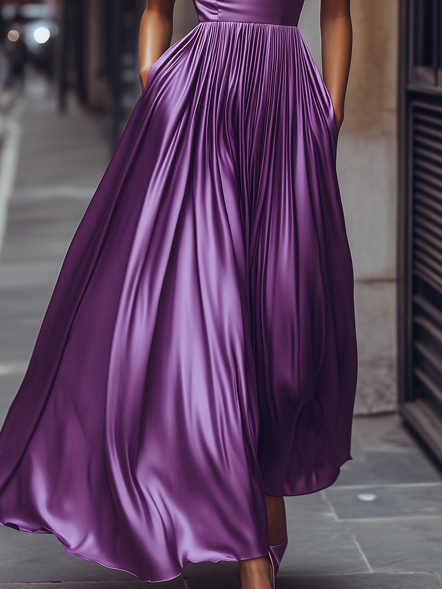 Lilac Strapless Pleated Satin A-Line Dress