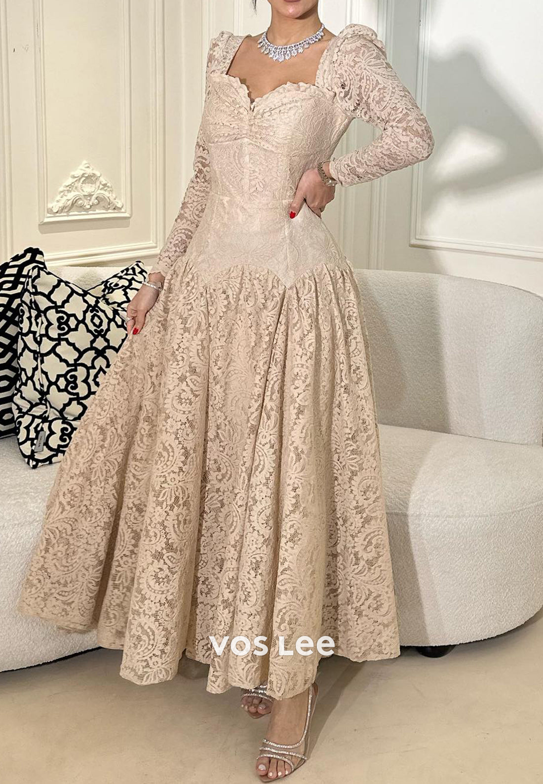 A-Line Long Sleeve Sweetheart Lace Ankle-Length Evening Dresses