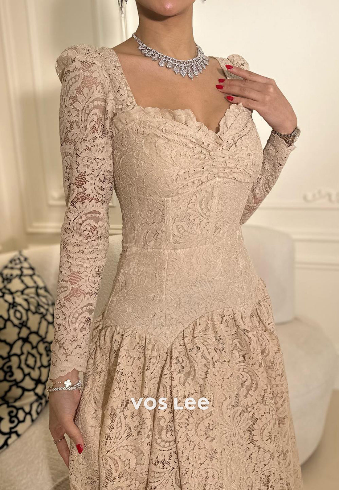 A-Line Long Sleeve Sweetheart Lace Ankle-Length Evening Dresses