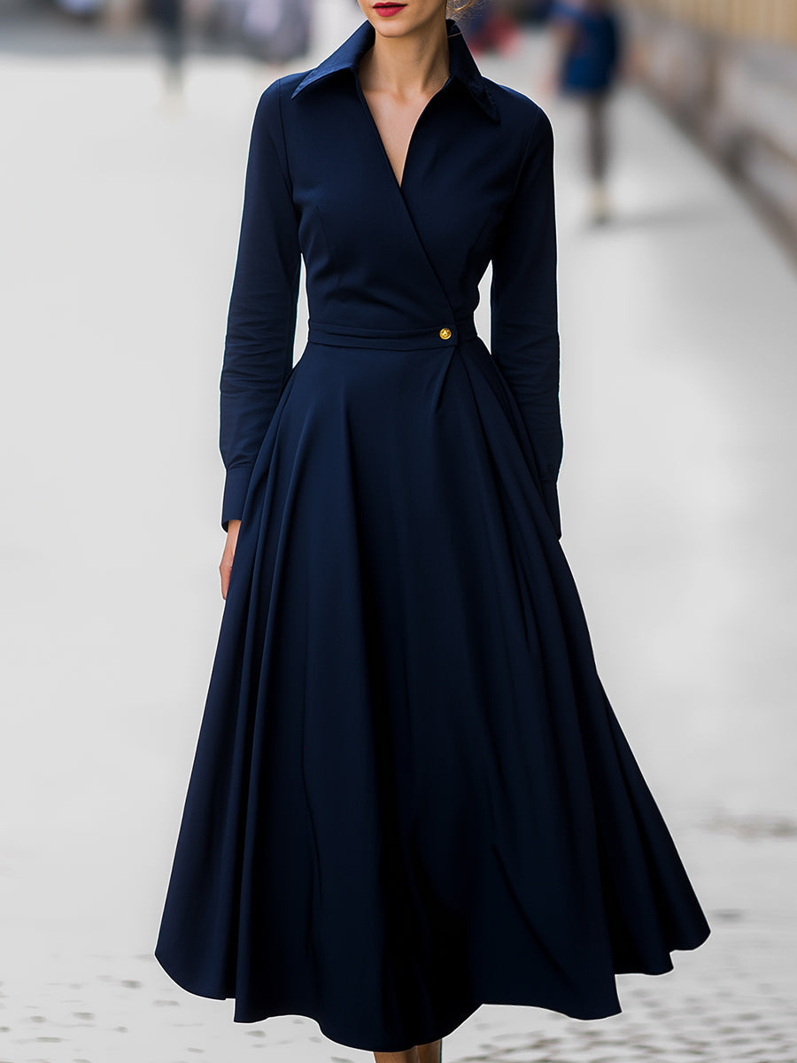 Stylish Long-Sleeve Plain Midi Dress
