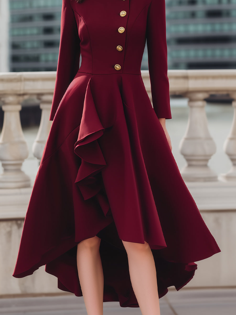 Structured Asymmetrical Ruffle Hem Dress With Gold Buttons