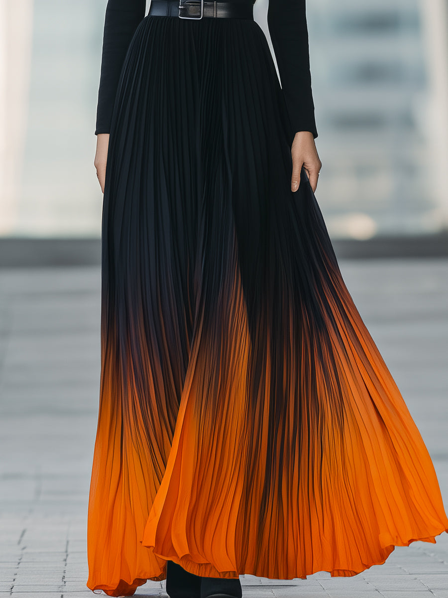 Ombre Pleated Maxi Dress With High Neckline