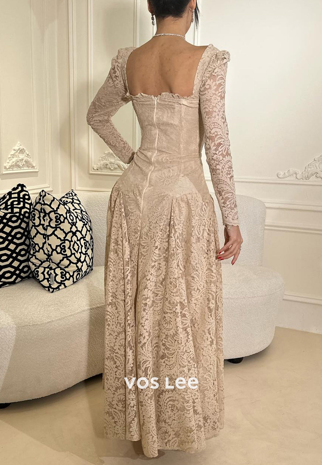 A-Line Long Sleeve Sweetheart Lace Ankle-Length Evening Dresses