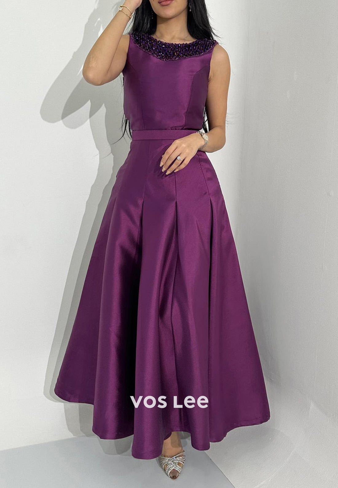 A-Line Scoop Beading Embellished Ruched Ankle-Length Evening Dresses