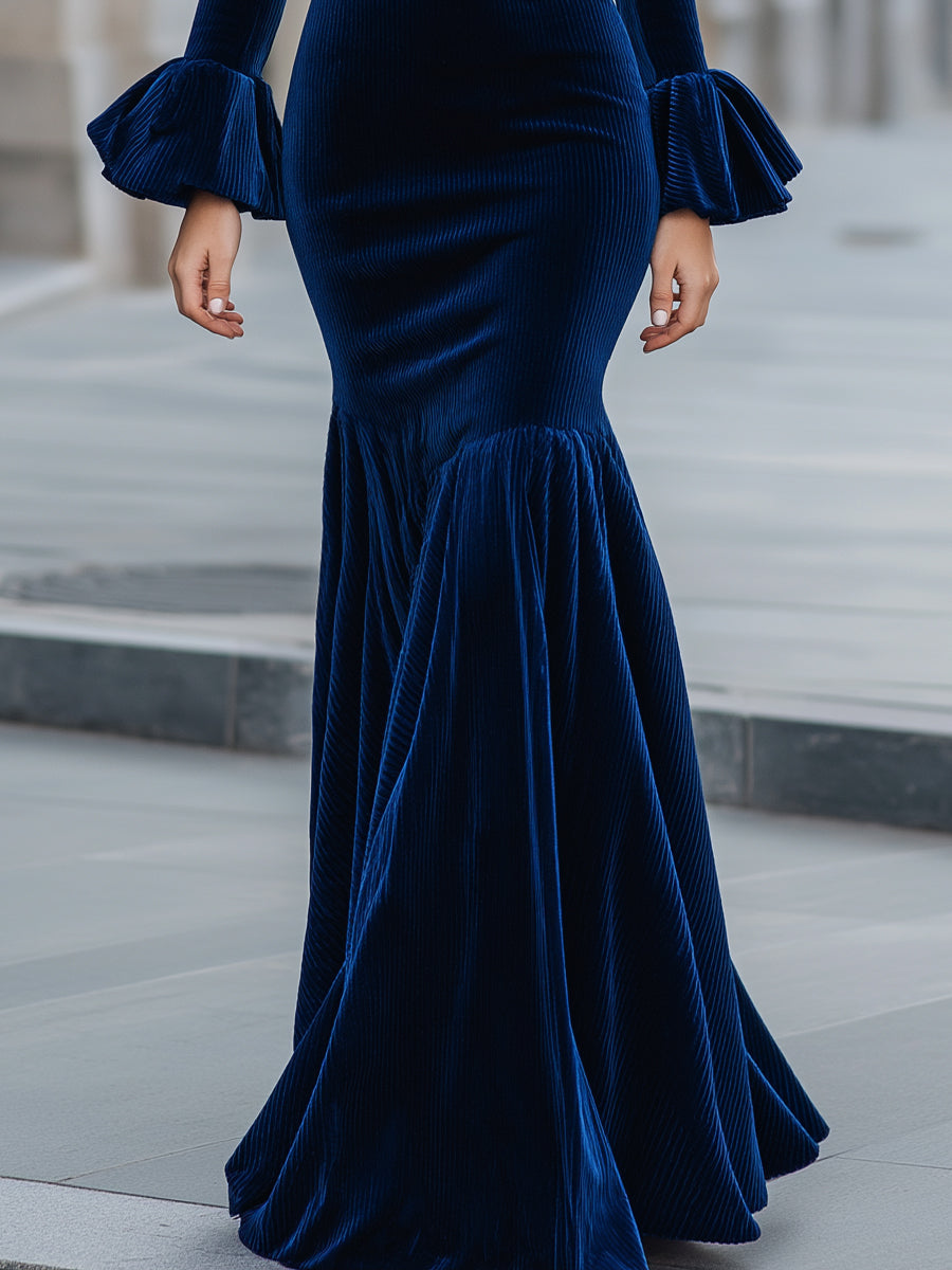 Midnight Velvet Flounce Cuffs Mermaid Gown
