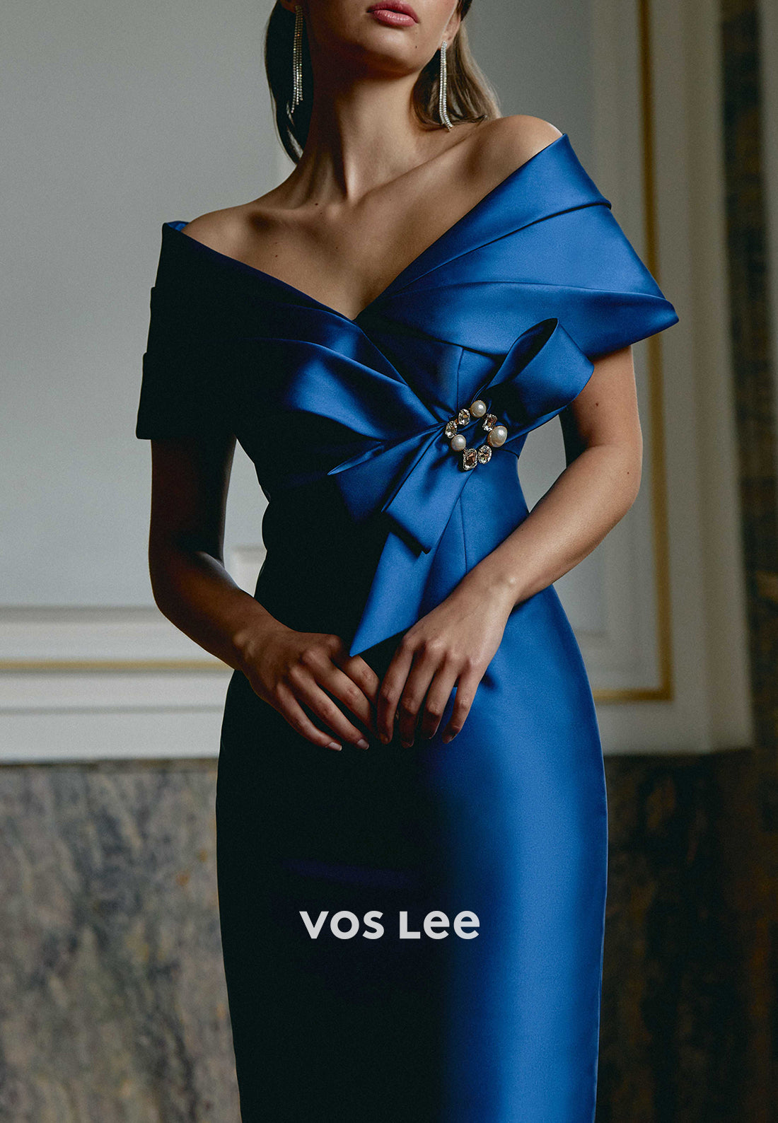 Off the Shoulder Bowknot Rhinestone Sheath Mother of Bride Dresses