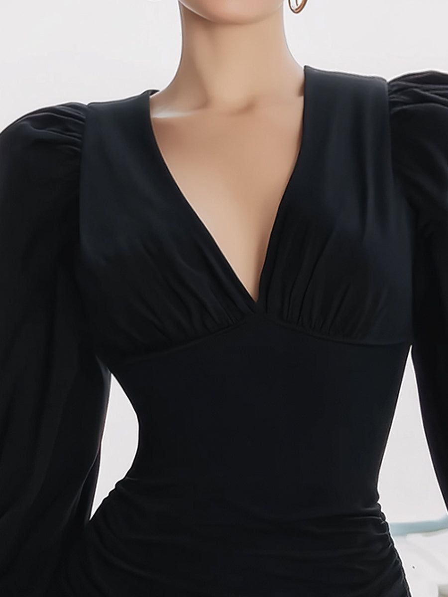 Stylish Puff-Sleeve Ruched Mini Dress