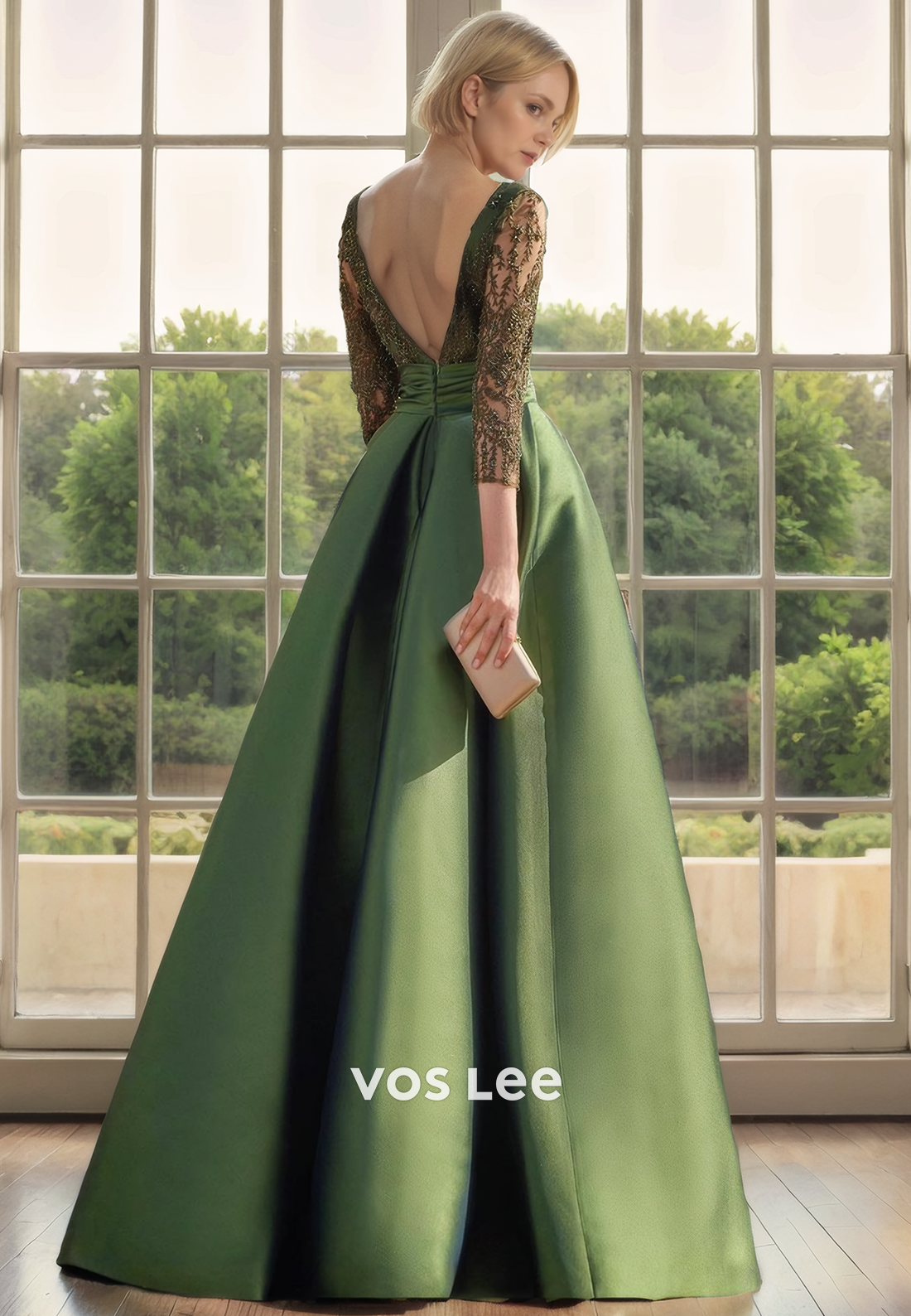 A-Line Bateau Illusion 3/4 Sleeves Open Back Floor-Length Mother of the Bride/Groom Dress with Applique Lace
