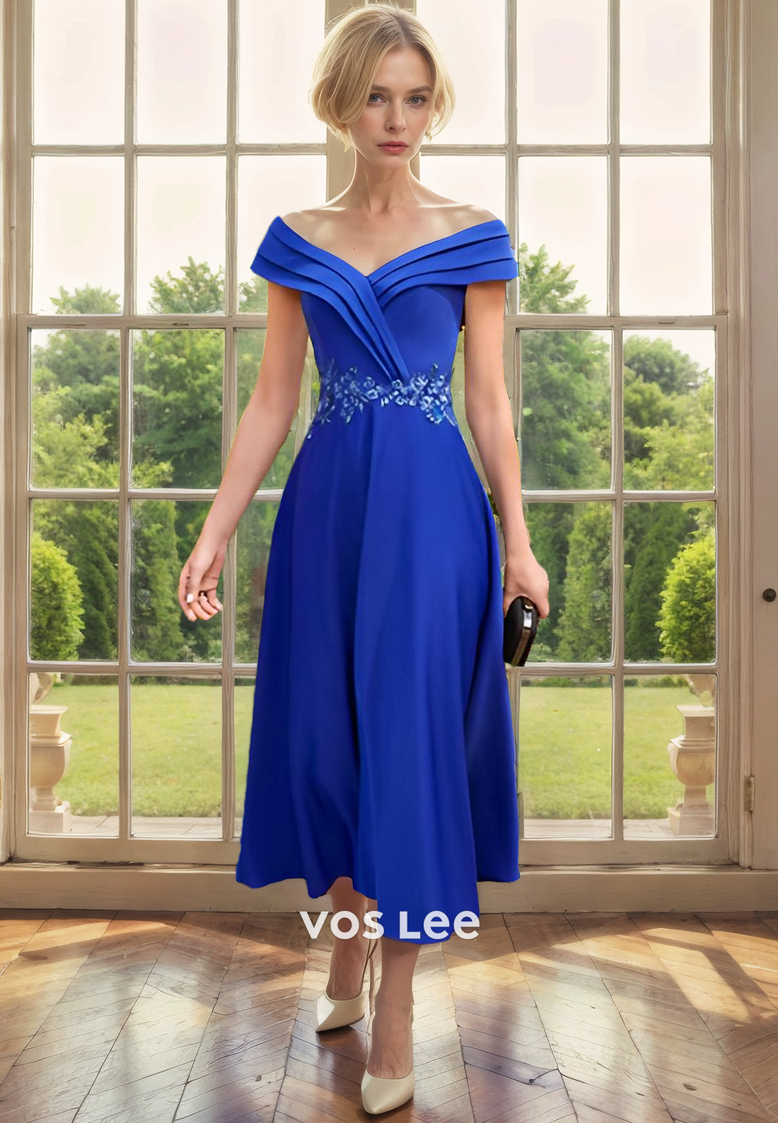 A-Line Off Shoulder Tea-Length Mother of th Bride Dress with Appliques