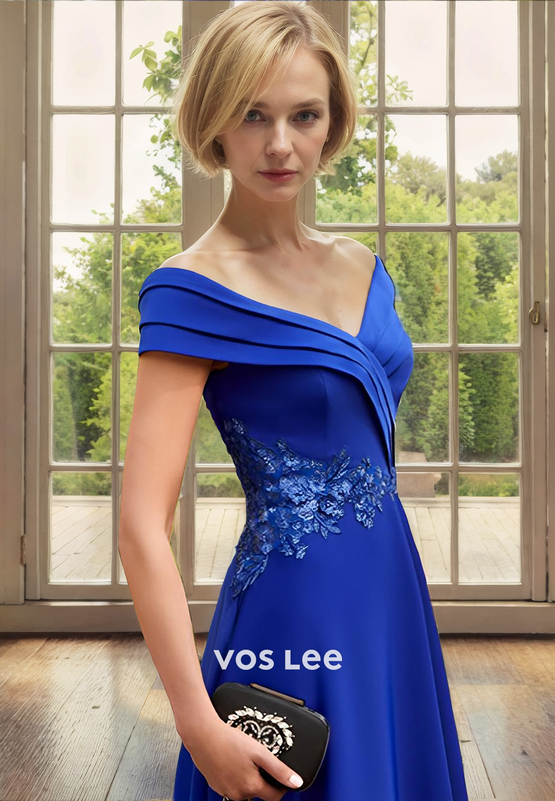A-Line Off Shoulder Tea-Length Mother of th Bride Dress with Appliques