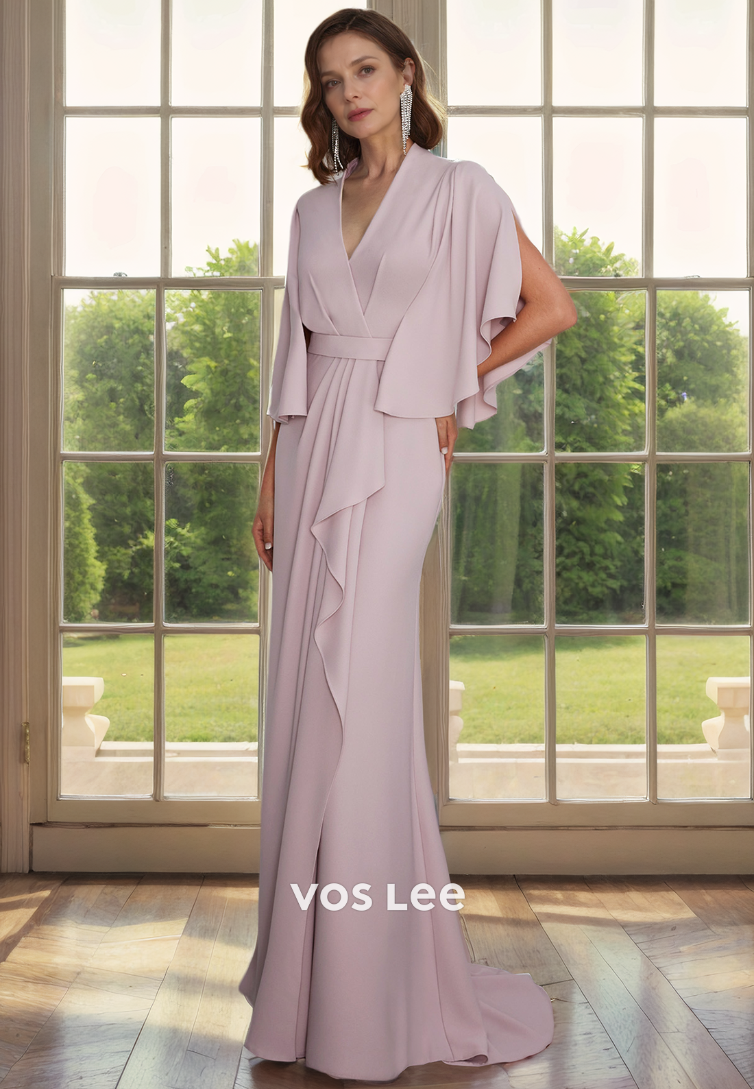 Trumpet/Mermaid V-Neck Bat Sleeves Chiffon Mother of the Bride Dress/Cocktail Dress with Cascading Ruffles