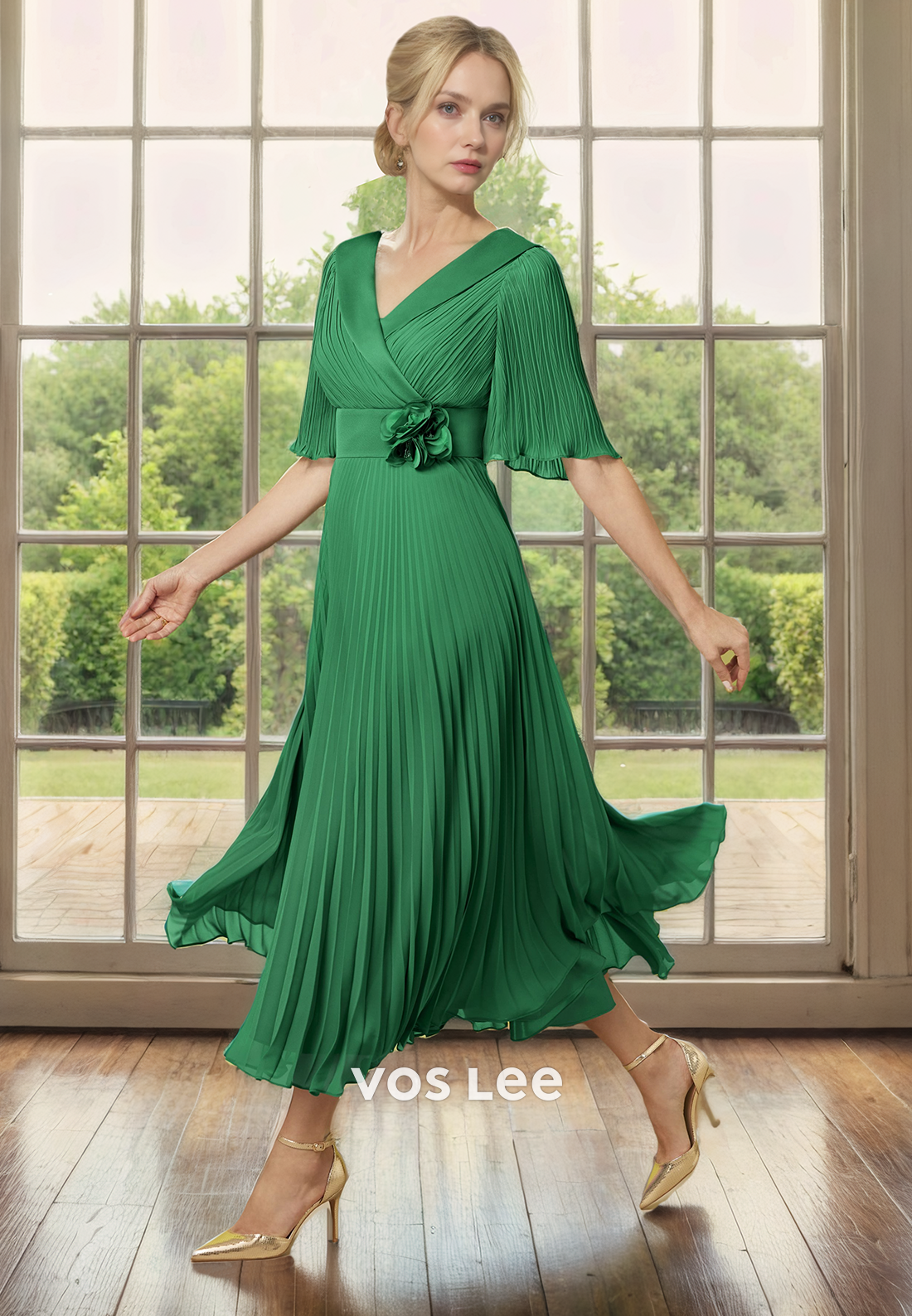 A-Line V-Neck Tea-Length Half Sleeves Ruched Chiffon Mother of the Bride Dress/Cocktail Dress