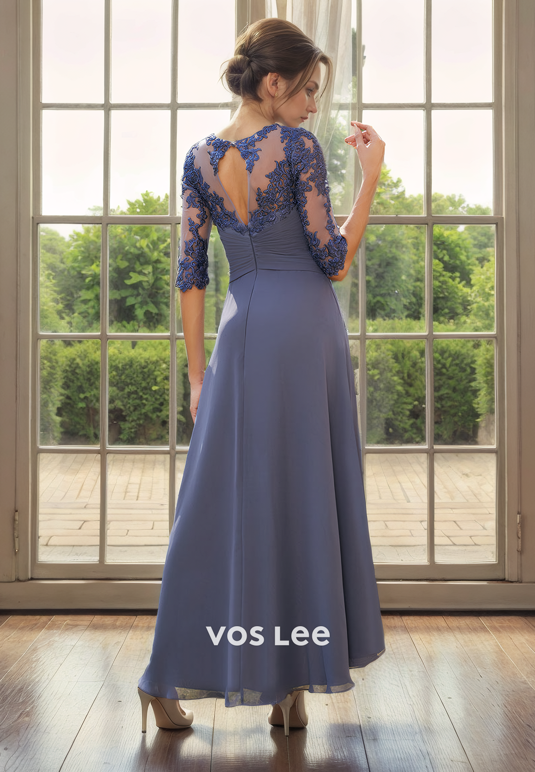 A-Line Bateau Illusion Tea-Length Half Sleeves Lace Chiffon Mother of the Bride Dress with Cascading Ruffles