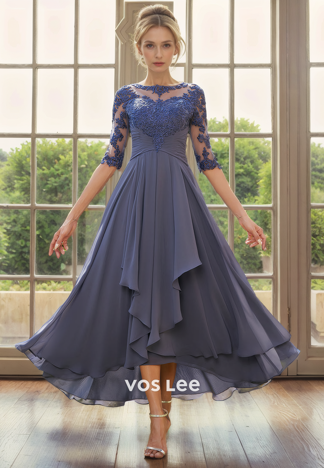 A-Line Bateau Illusion Tea-Length Half Sleeves Lace Chiffon Mother of the Bride Dress with Cascading Ruffles