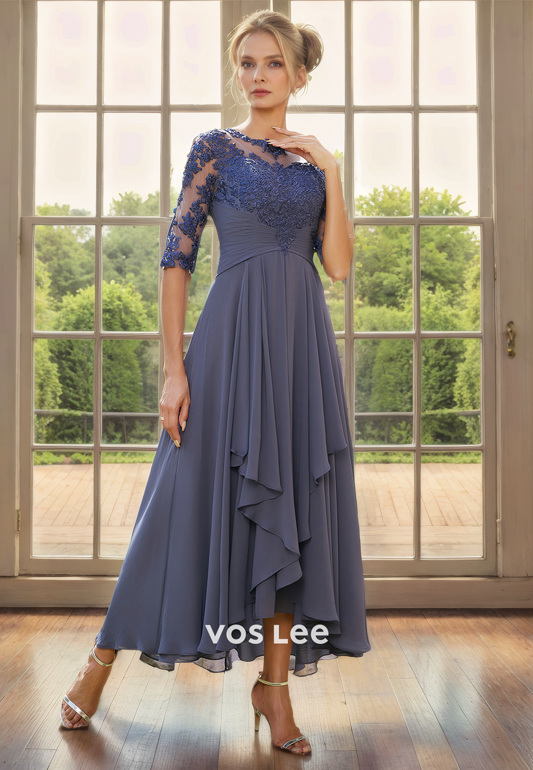 A-Line Bateau Illusion Tea-Length Half Sleeves Lace Chiffon Mother of the Bride Dress with Cascading Ruffles