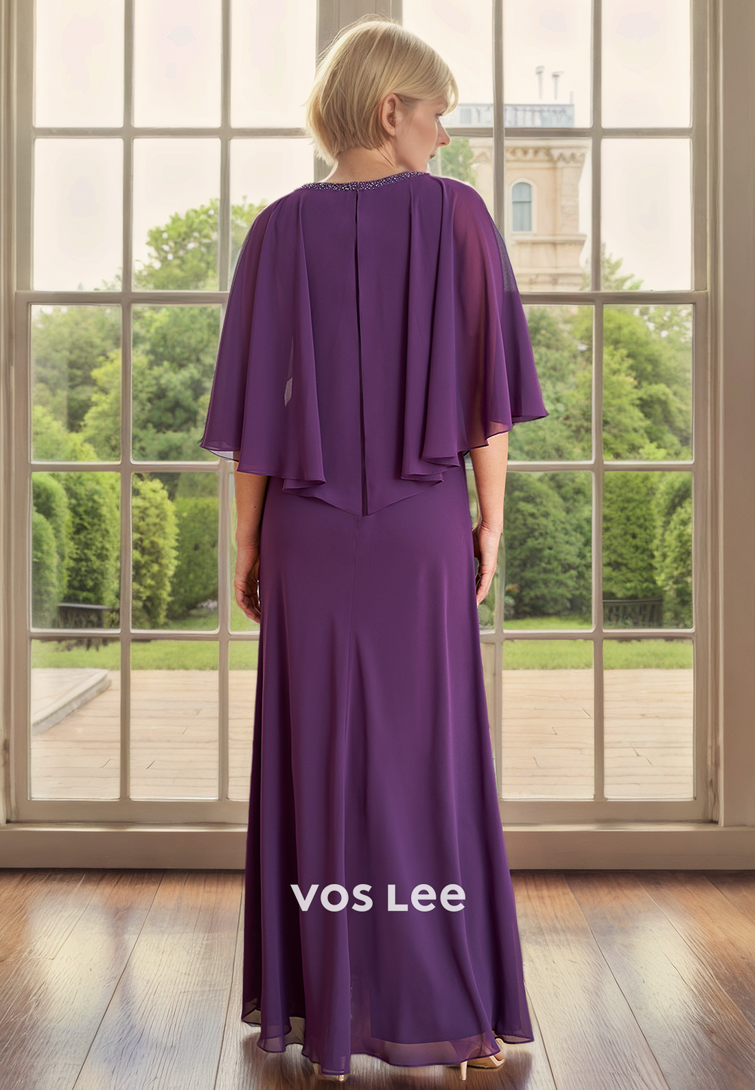 Sheath/Column V-Neck Bat Sleeves Floor-Length Chiffon Mother of the Bride Dress