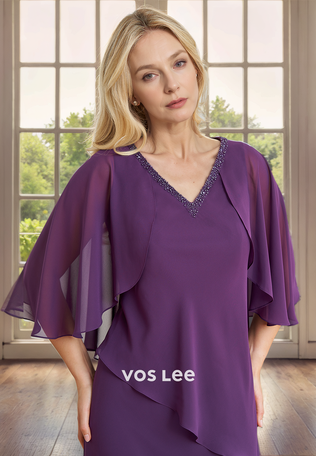 Sheath/Column V-Neck Bat Sleeves Floor-Length Chiffon Mother of the Bride Dress