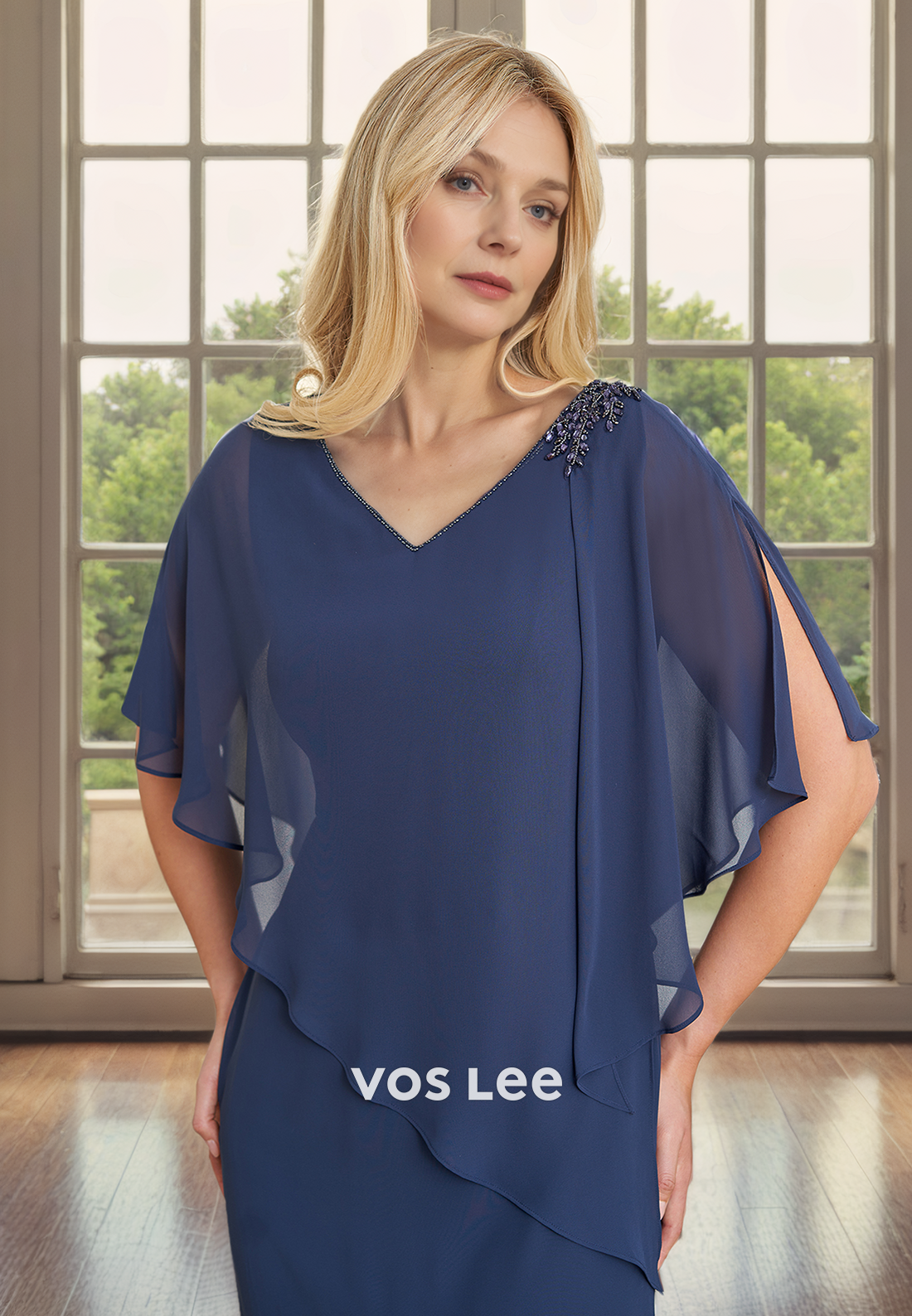 Sheath/Column V-Neck Bat Sleeves Floor-Length Chiffon Mother of the Bride Dress with Slit