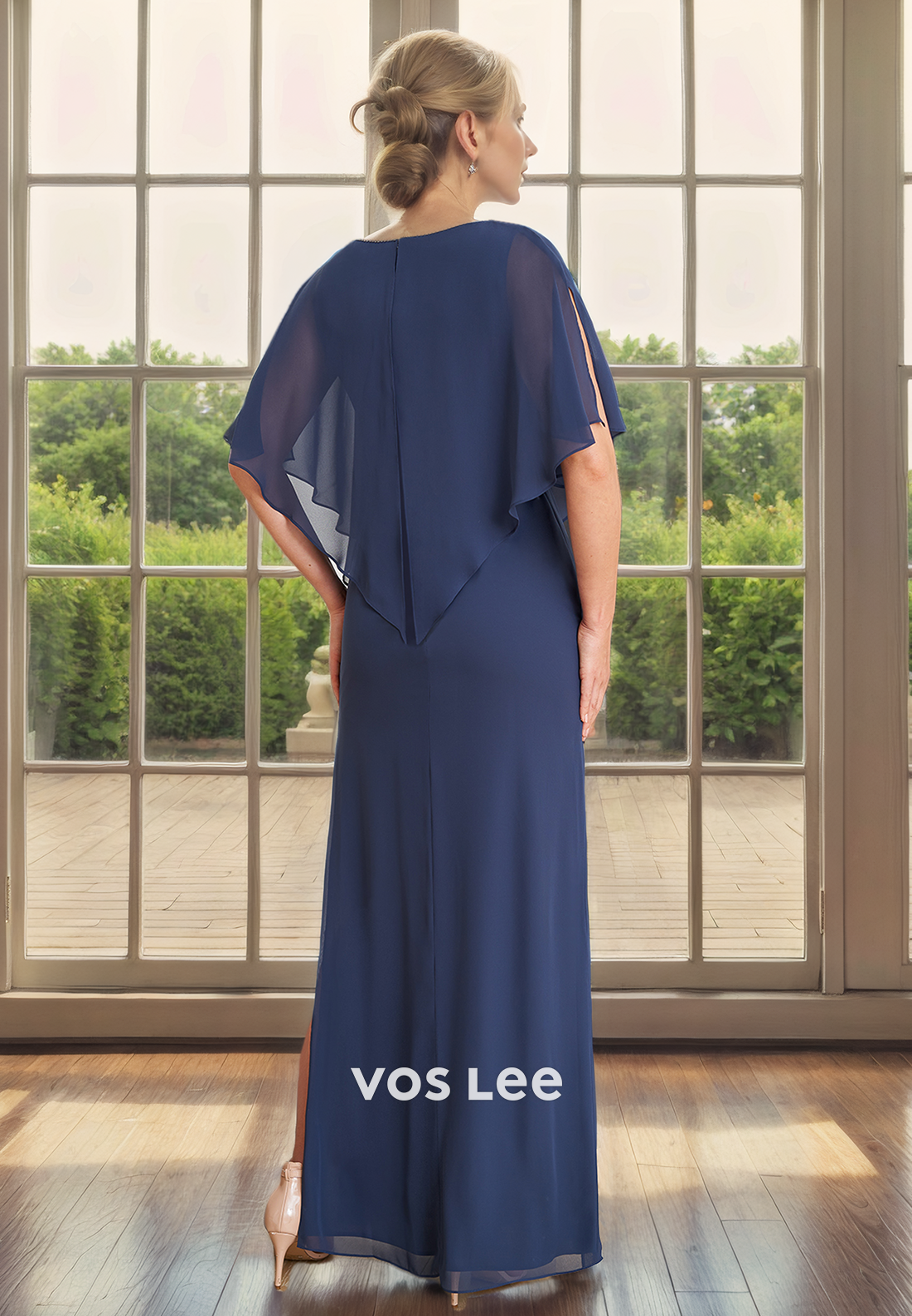 Sheath/Column V-Neck Bat Sleeves Floor-Length Chiffon Mother of the Bride Dress with Slit