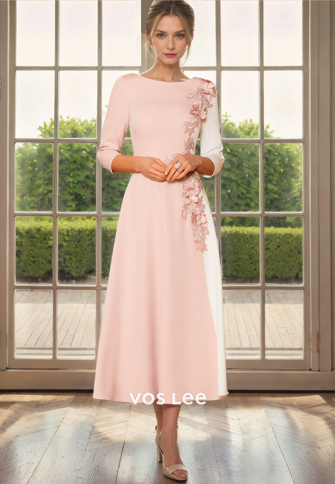 A-Line Bateau 3/4 Sleeves Tea-Length Satin Mother of the Bride Dress/C VOS LEE A-Line Bateau 3/4 Sleeves Tea-Length Satin Mother of the Bride Dress/C VOS LEE