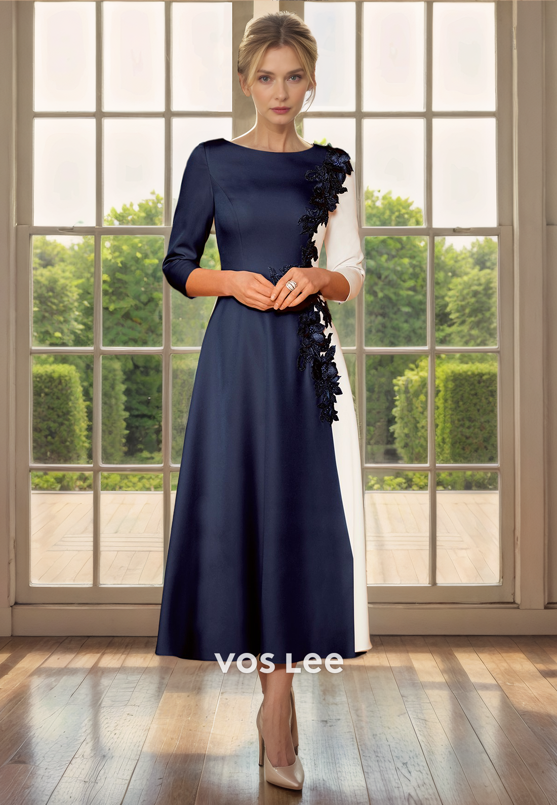 A-Line Bateau 3/4 Sleeves Tea-Length Satin Mother of the Bride Dress/Cocktail Dress with Appliques