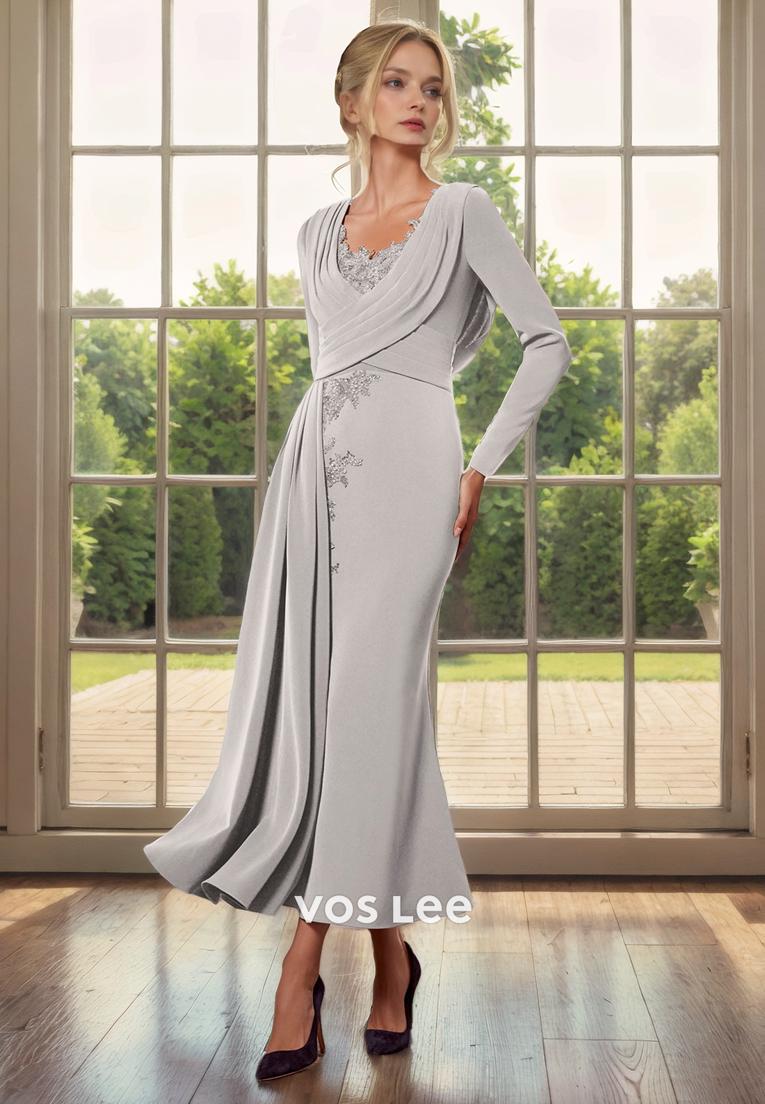 Trumpet V-Neck Ankle-Length Long Sleeves Pleated Chiffon Mother of the Bride Dress/Cocktail Dress with Appliques