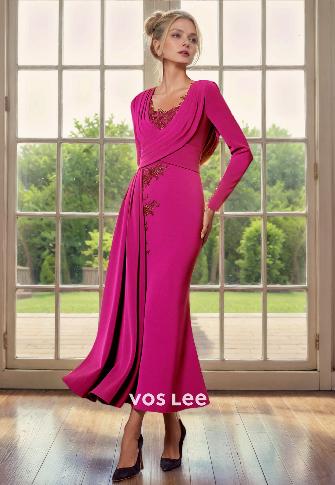 Trumpet V-Neck Ankle-Length Long Sleeves Pleated Chiffon Mother of the Bride Dress/Cocktail Dress with Appliques