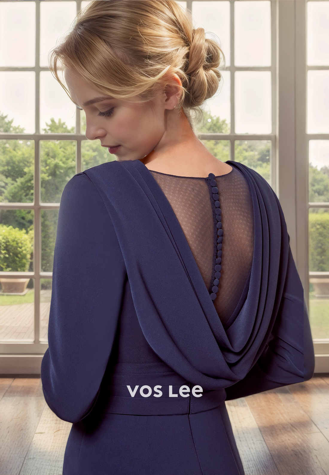 Trumpet V-Neck Ankle-Length Long Sleeves Pleated Chiffon Mother of the Bride Dress/Cocktail Dress with Appliques