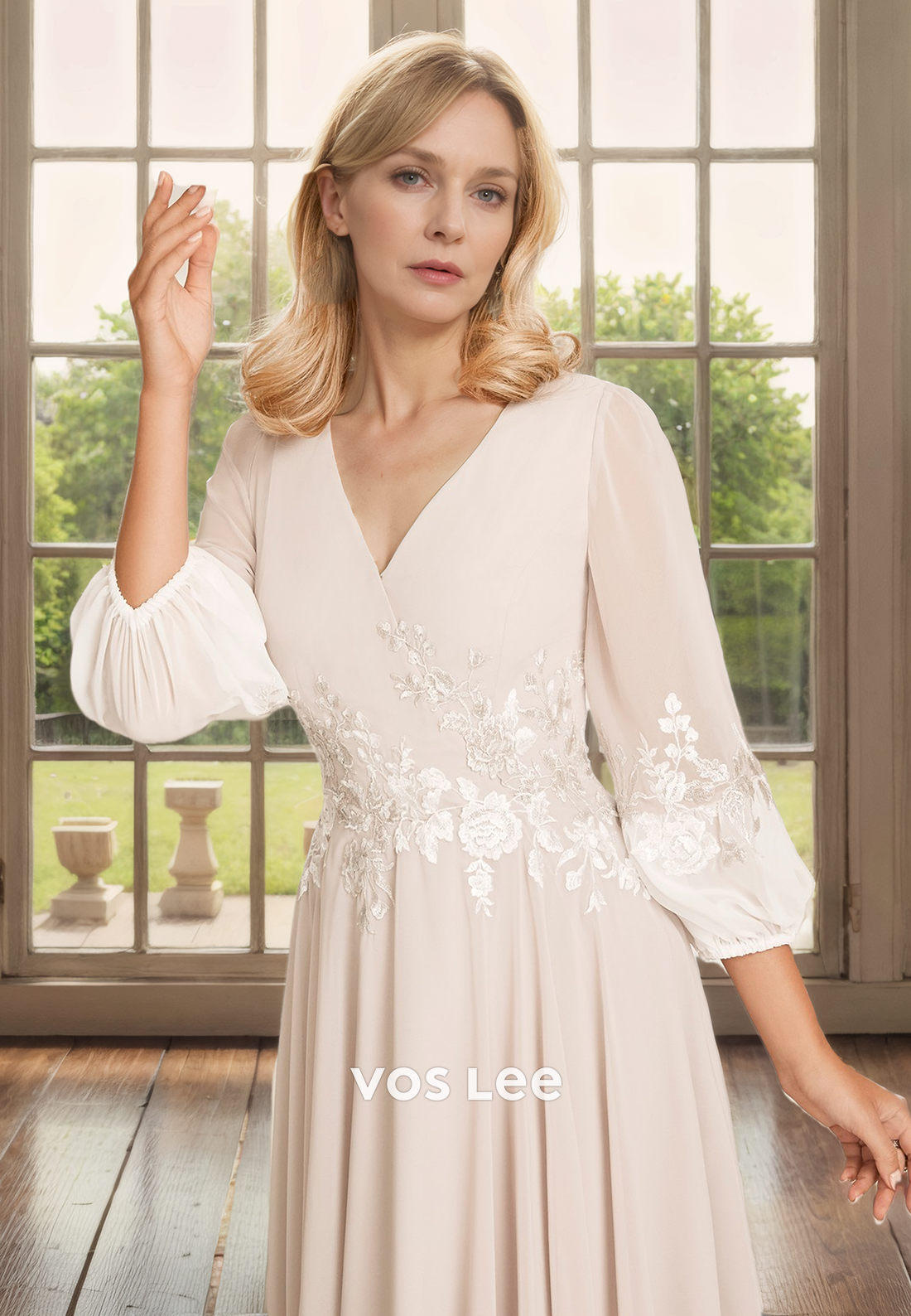 A-Line V-Neck Ankle-Length 3/4 Sleeves Pleated Chiffon Mother of the Bride Dress/Cocktail Dress with Appliques
