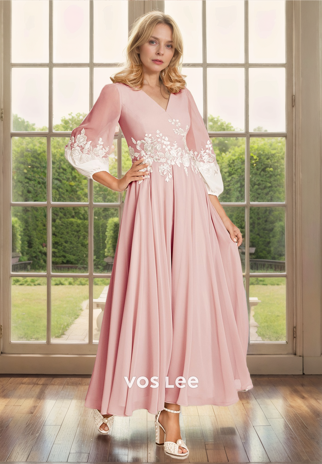 A-Line V-Neck Ankle-Length 3/4 Sleeves Pleated Chiffon Mother of the Bride Dress/Cocktail Dress with Appliques