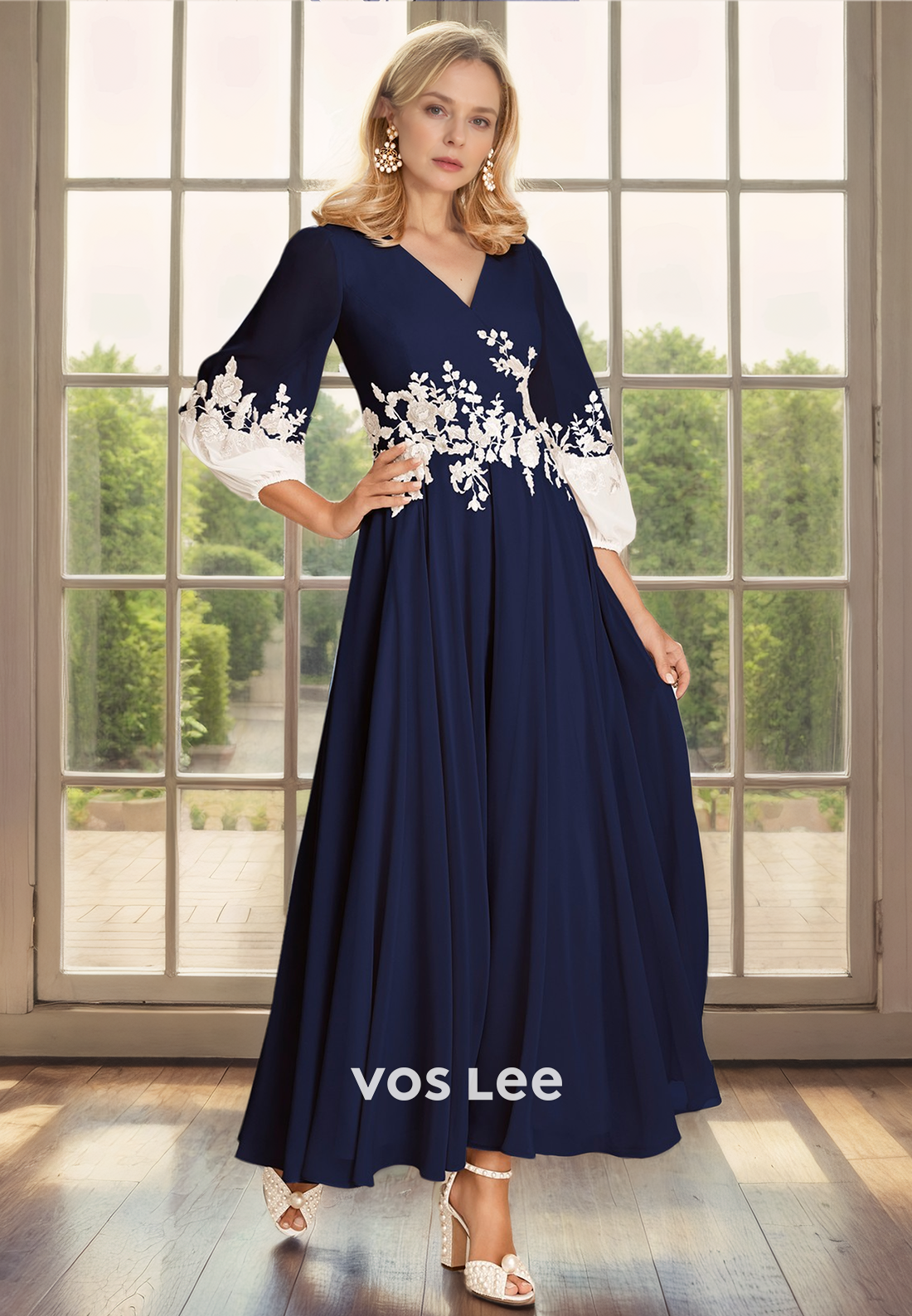A-Line V-Neck Ankle-Length 3/4 Sleeves Pleated Chiffon Mother of the Bride Dress/Cocktail Dress with Appliques