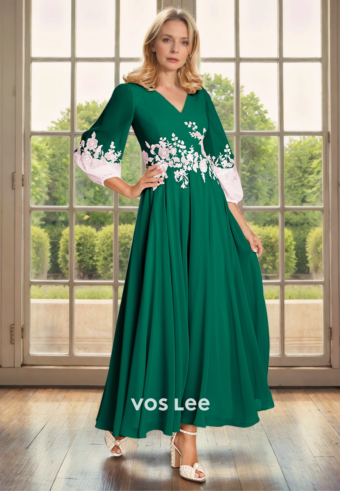 A-Line V-Neck Ankle-Length 3/4 Sleeves Pleated Chiffon Mother of the Bride Dress/Cocktail Dress with Appliques