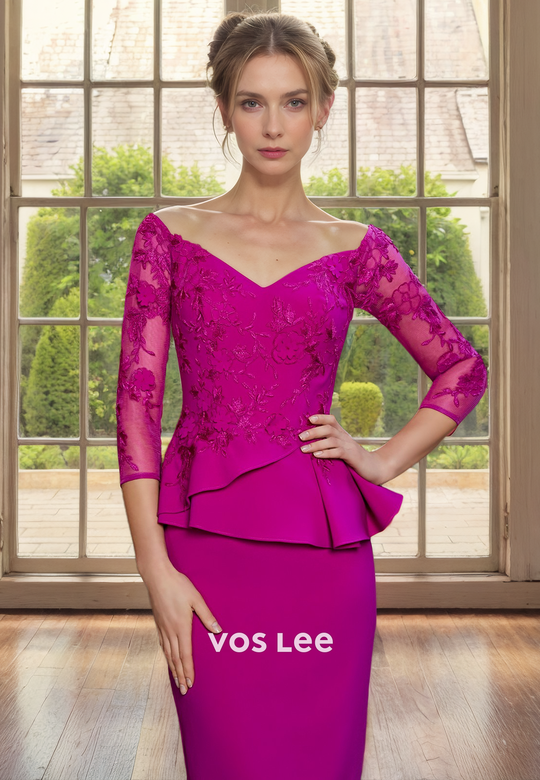 Elegant Coulumn V Neck Long Sleeves Knee Length Lace Appliques Mother of the Bride Dress