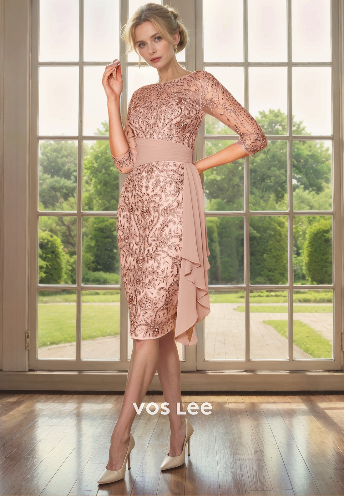 Luxury Sheath Bateau Knee Length Lace Appliques Sequins Mother of the Bride Formal Dress
