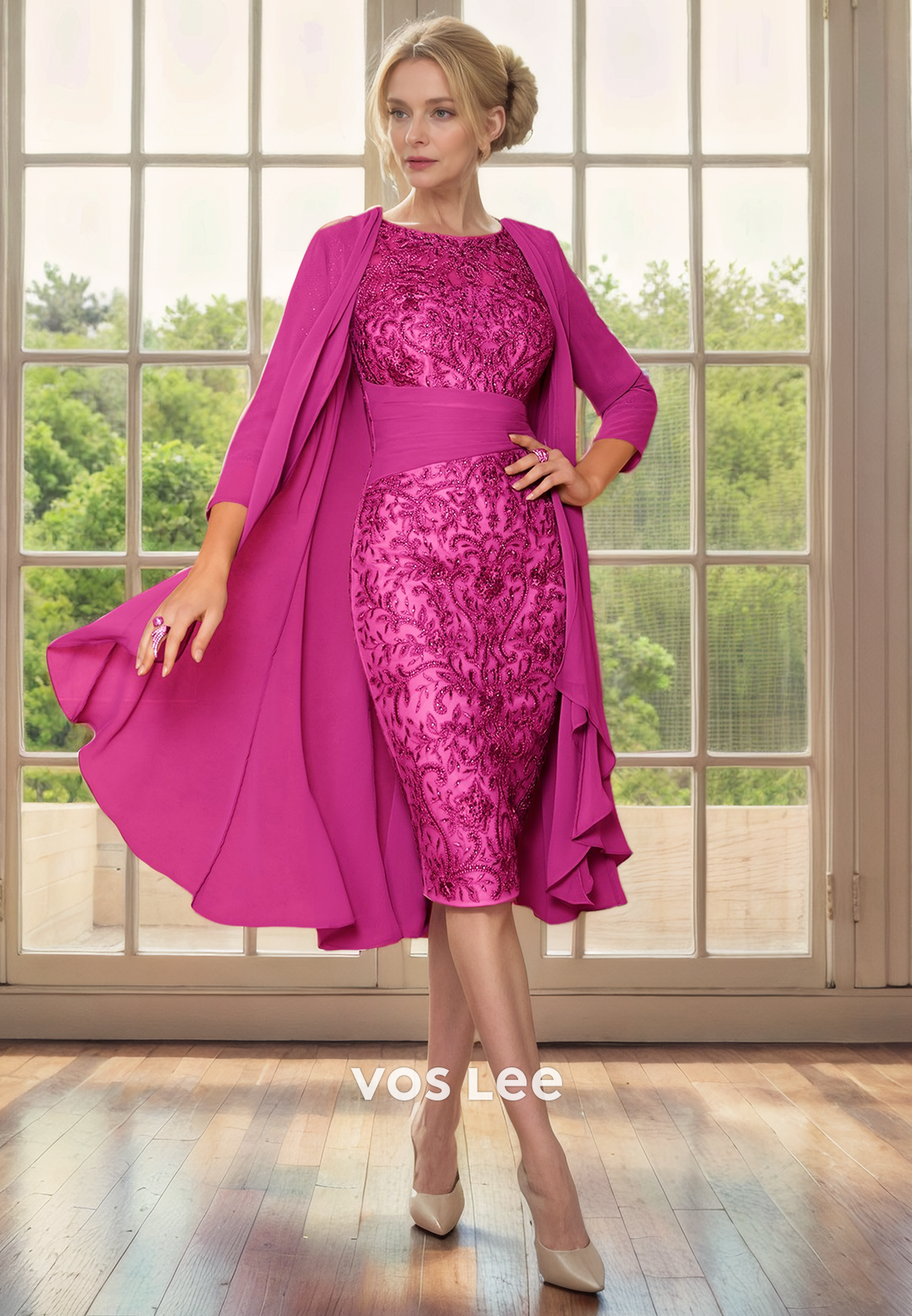 Luxury Sheath Bateau Knee Length Lace Appliques Sequins Mother of the Bride Formal Dress