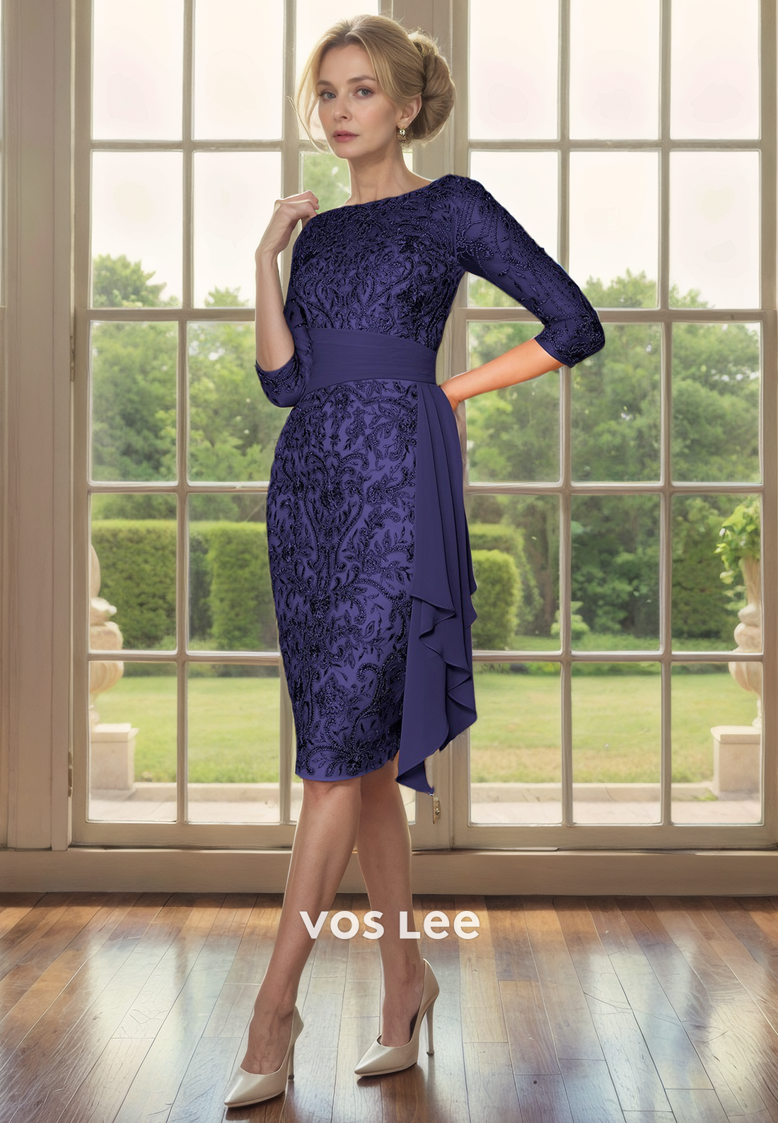 Luxury Sheath Bateau Knee Length Lace Appliques Sequins Mother of the Bride Formal Dress