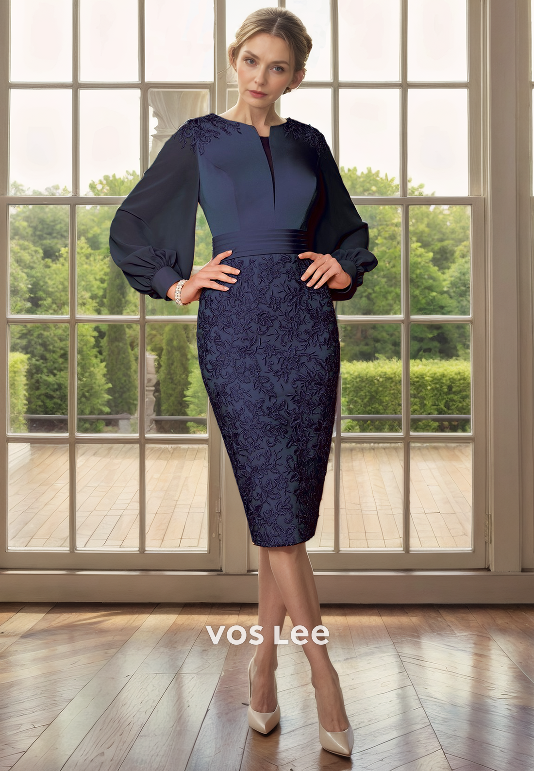 Vintage Column V Neck Long Sleeves Lace Appliques Satin Mother of the Bride Wedding Guest Dress