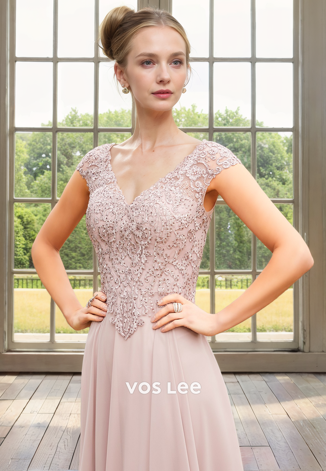 Modest A-Line V Neck Cap Sleeves Tea Length Pleated Satin Mother of the Bride Dress