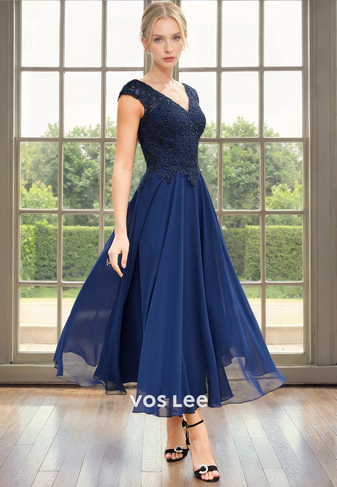 Modest A-Line V Neck Cap Sleeves Tea Length Pleated Satin Mother of the Bride Dress