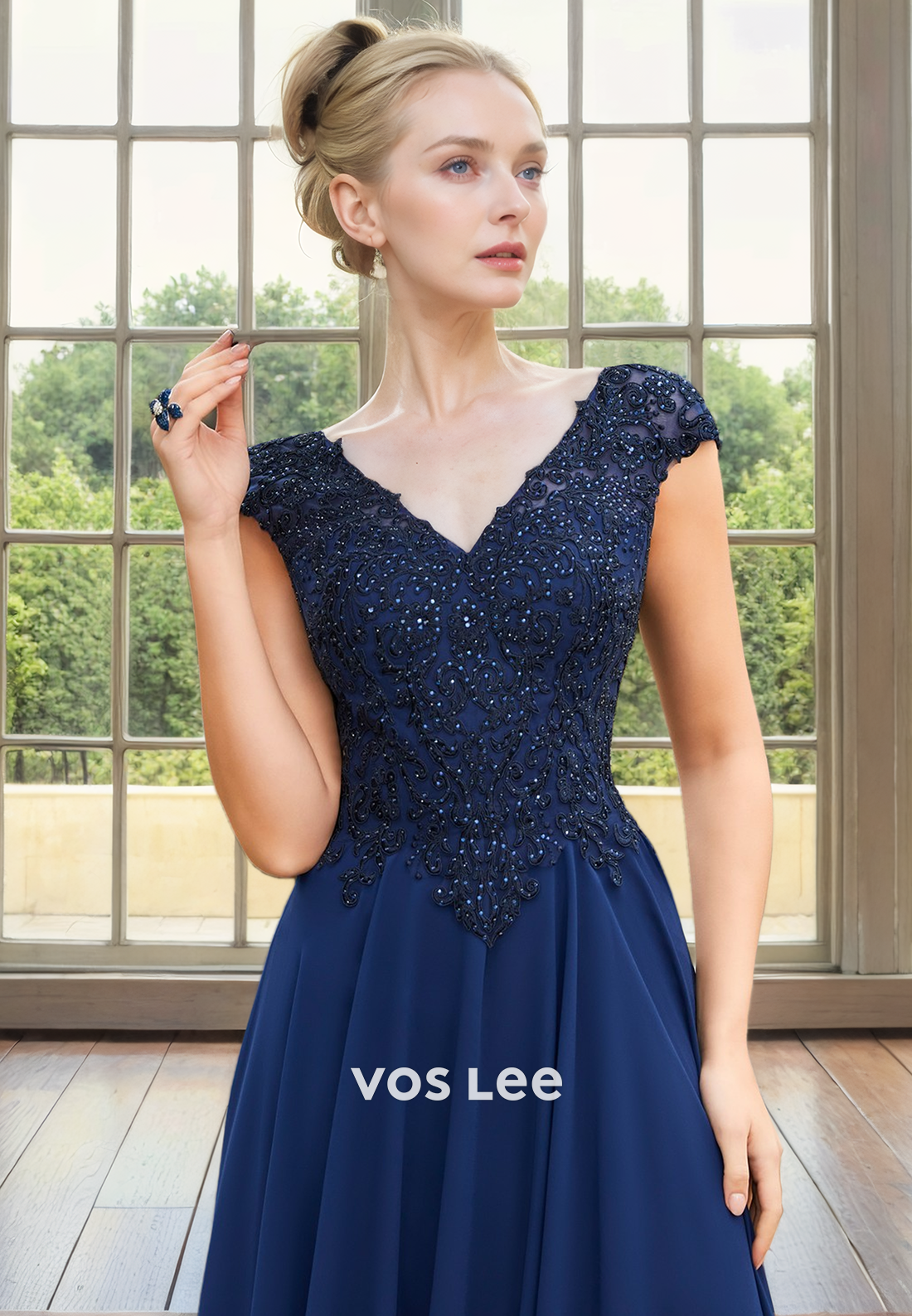 Modest A-Line V Neck Cap Sleeves Tea Length Pleated Satin Mother of the Bride Dress