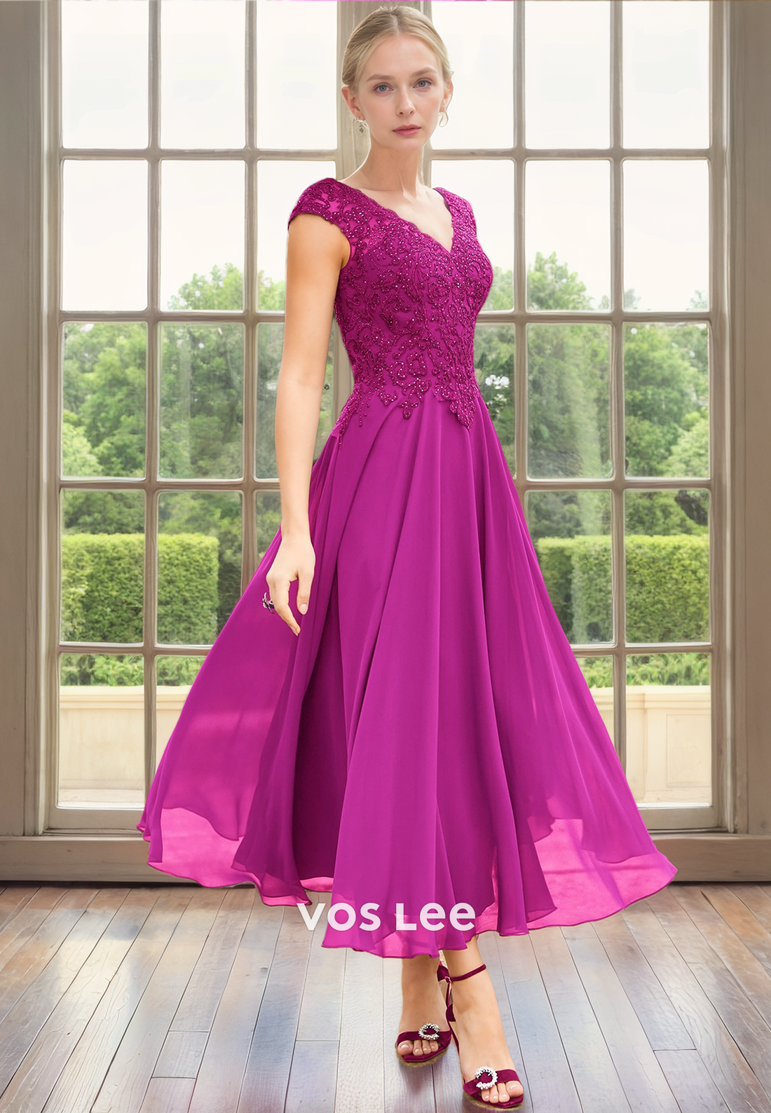 Modest A-Line V Neck Cap Sleeves Tea Length Pleated Satin Mother of the Bride Dress