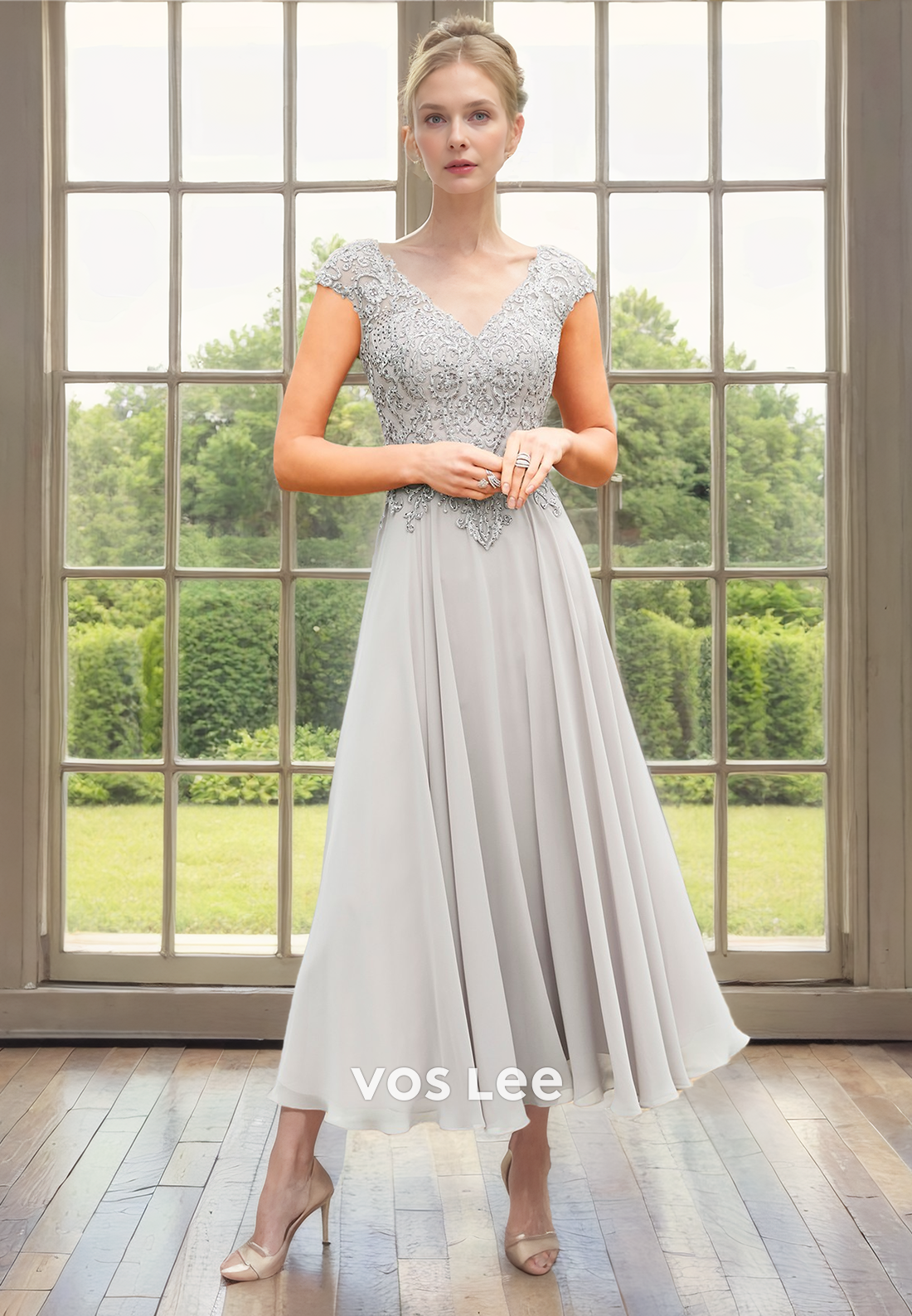 Modest A-Line V Neck Cap Sleeves Tea Length Pleated Satin Mother of the Bride Dress