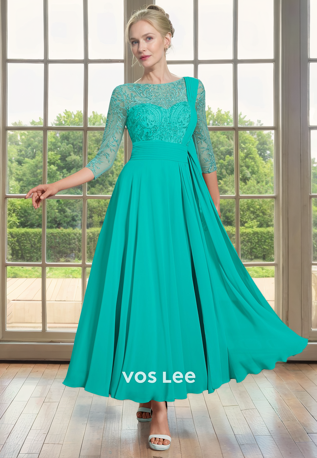 Unique Bateau Long Sleeves Lace Appliques Long Pleated Mother of the Wedding Guest Dress