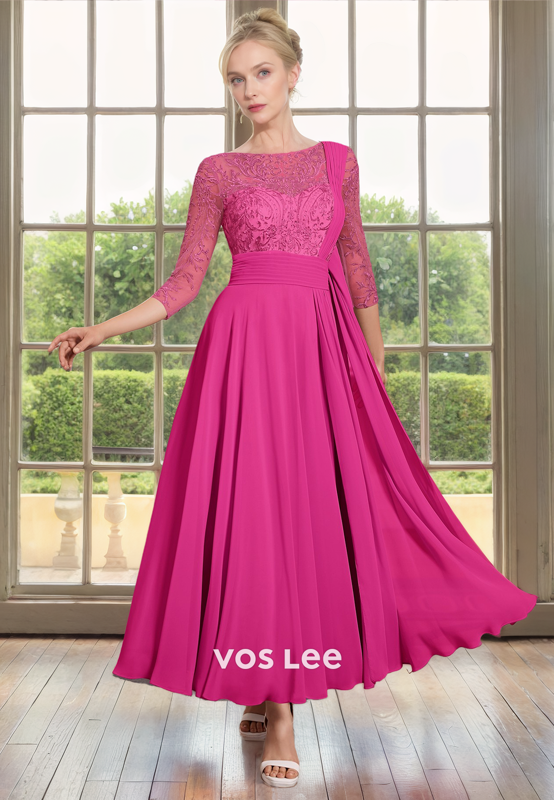 Unique Bateau Long Sleeves Lace Appliques Long Pleated Mother of the Wedding Guest Dress