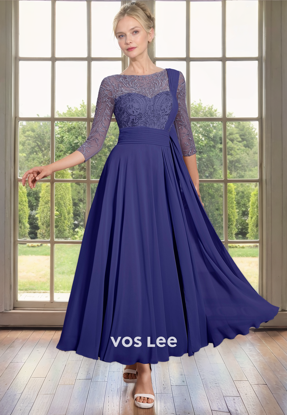 Unique Bateau Long Sleeves Lace Appliques Long Pleated Mother of the Wedding Guest Dress