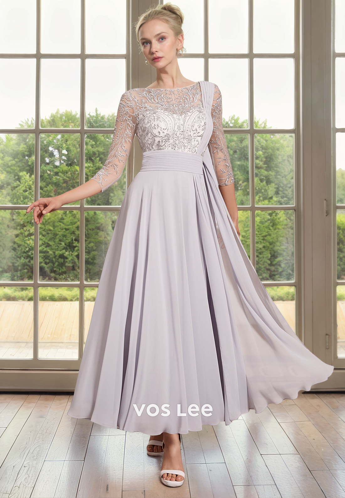 Unique Bateau Long Sleeves Lace Appliques Long Pleated Mother of the Wedding Guest Dress