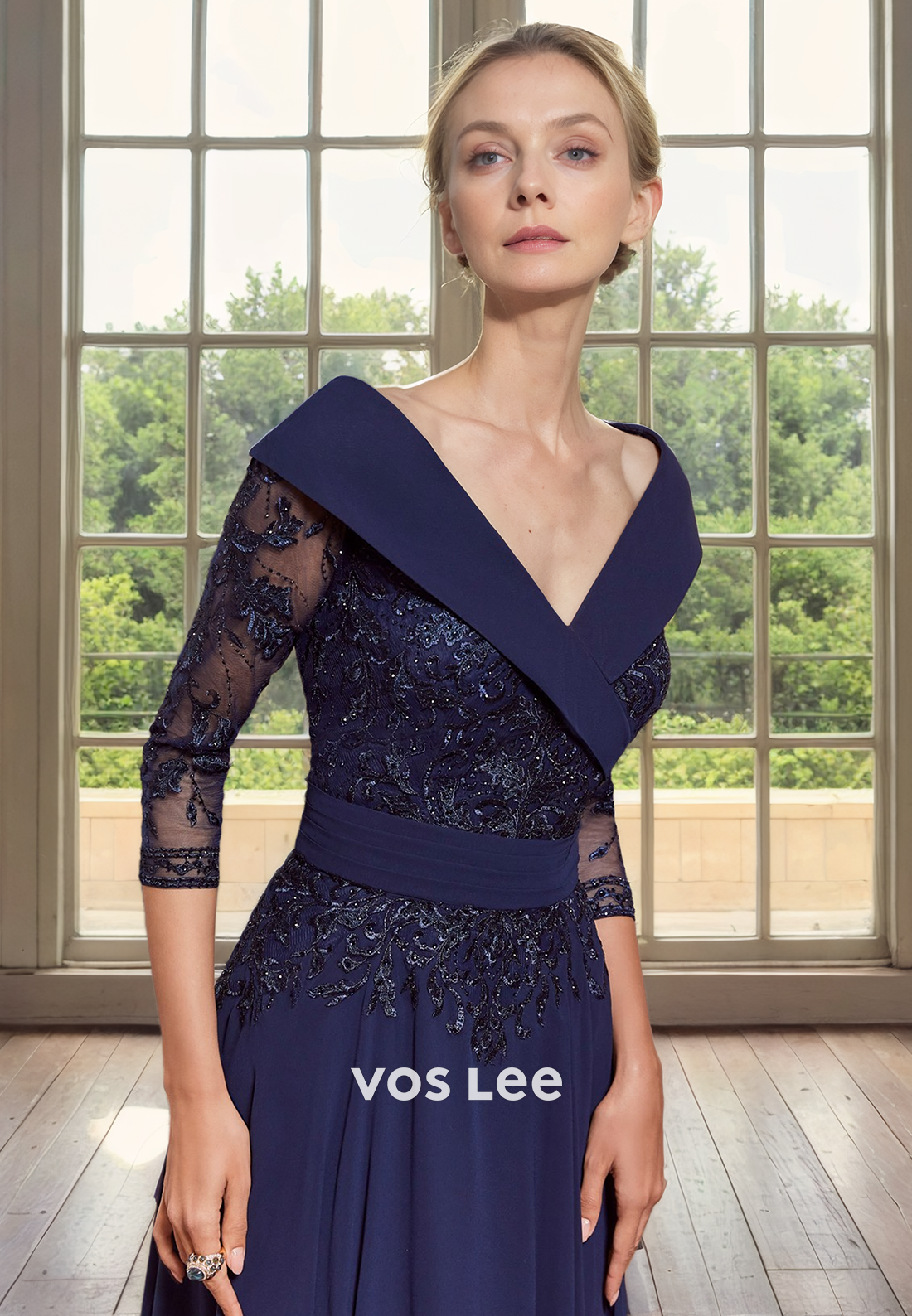 Ornate A-Line V Neck Lone Sleeves Tea Length Sequins Satin Mother of the Party Dress
