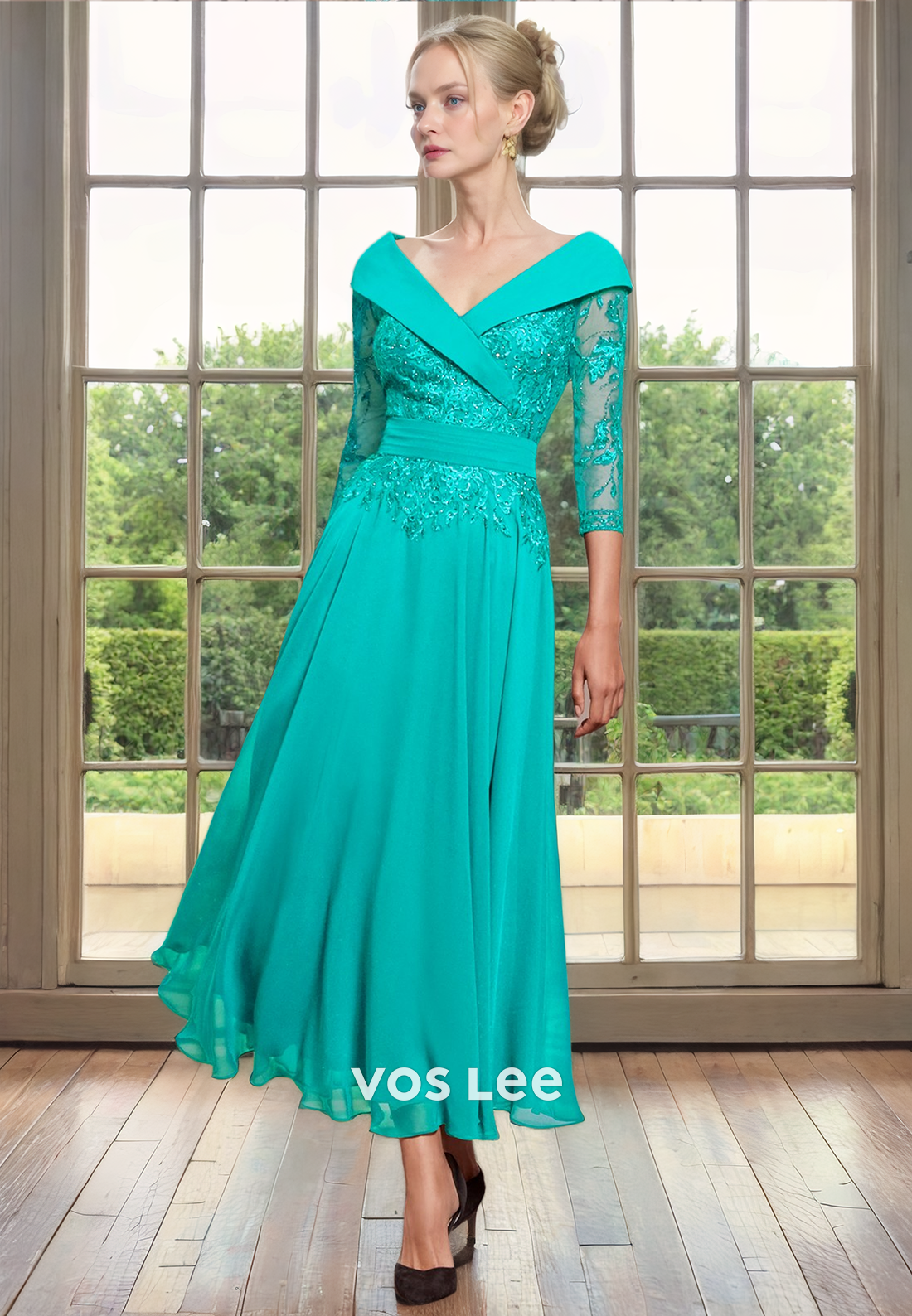Ornate A-Line V Neck Lone Sleeves Tea Length Sequins Satin Mother of the Party Dress